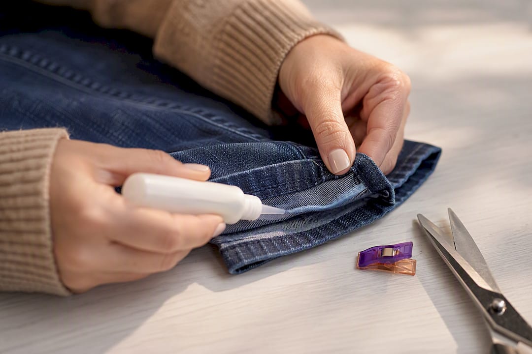 Hände befestigen den Jeanssaum mit Textilkleber