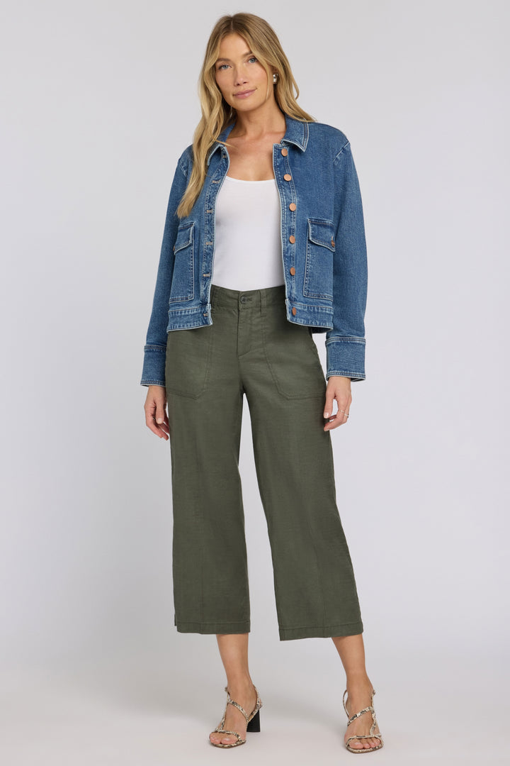 Wide Leg Cargo Capri Pants in Stretch Linnen | Desert Green