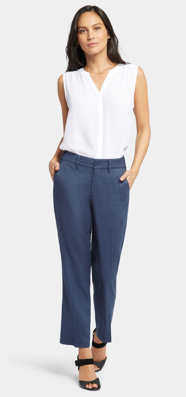 Straight Leg Ankle Trouser Dark Blue Stretch Linen | Oxford Navy | Pants | NYDJ