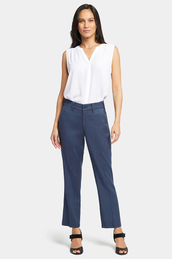 Straight Leg Ankle Trouser Dark Blue Stretch Linen | Oxford Navy | Pants | NYDJ