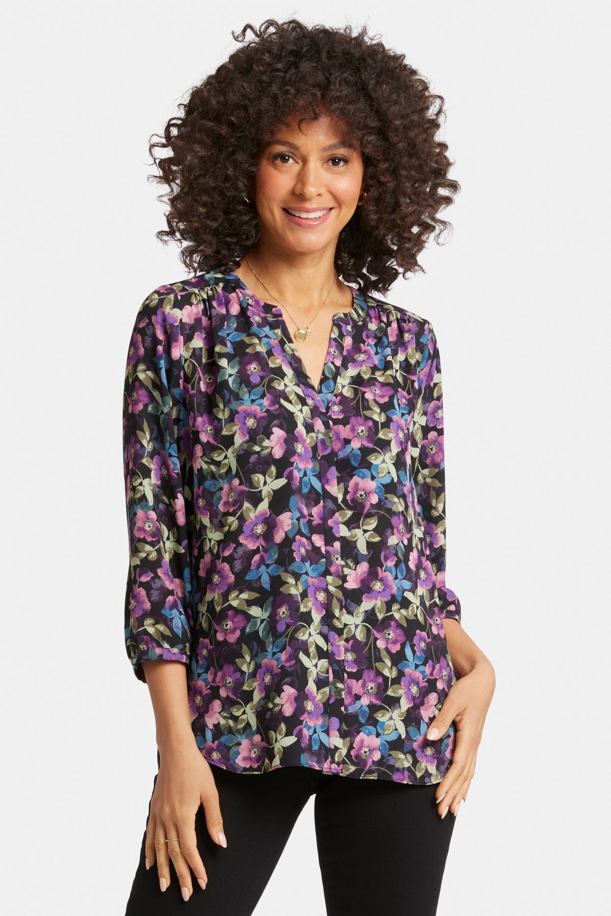 Pintuck Blouse Flower Print | Midnight Plumes | Blouse | NYDJ