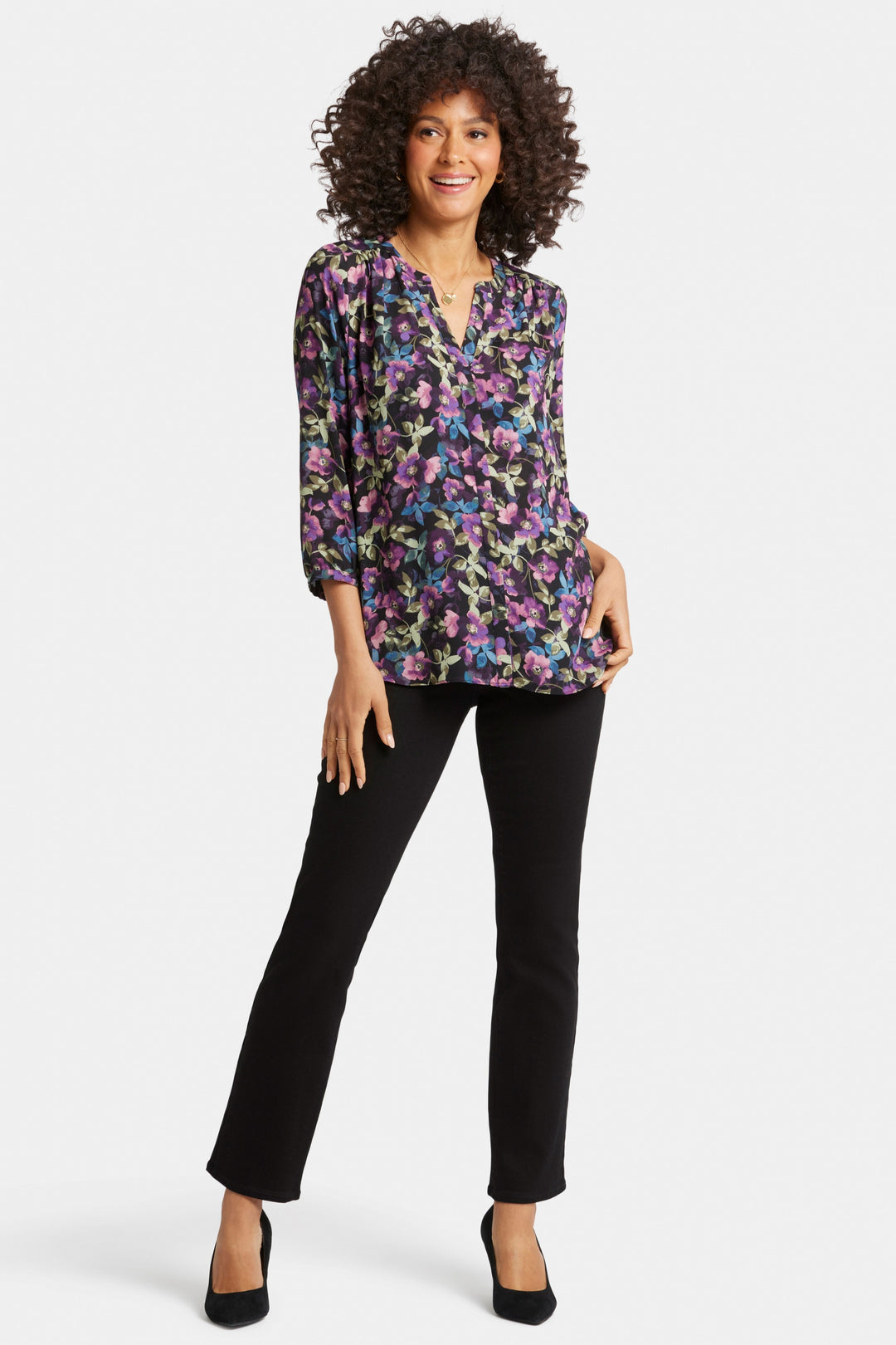 Pintuck Blouse Flower Print | Midnight Plumes | Blouse | NYDJ