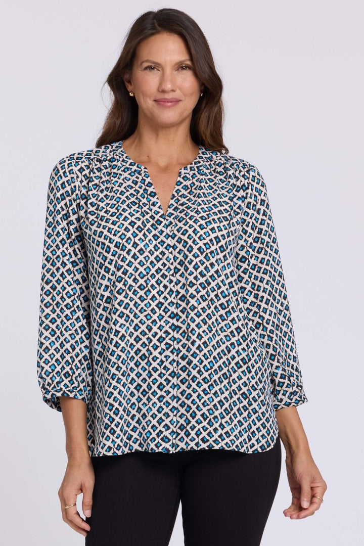 Pintuck Blouse | Lattice Geo Blue Bay - NYDJ
