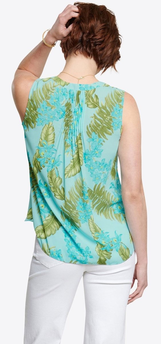 Sleeveless Pintuck Blouse Tropical Print | Calypso Orchid | Top | NYDJ