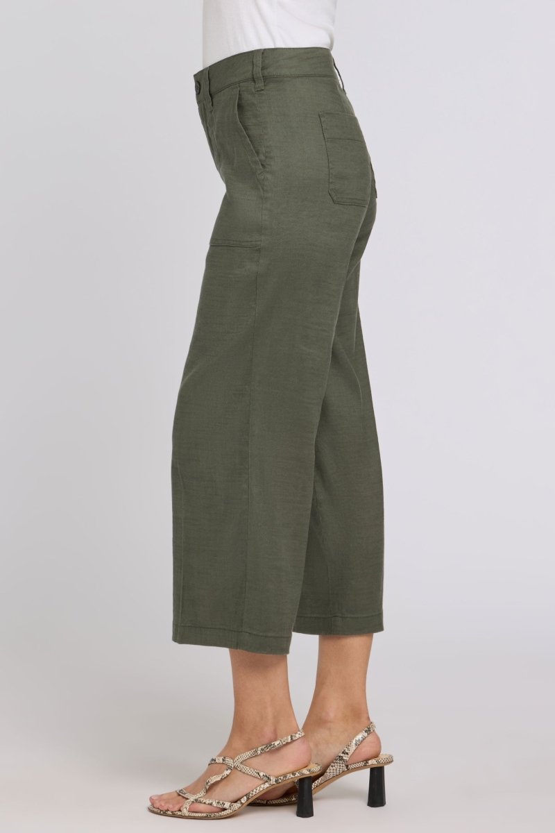 Wide Leg Cargo Capri Pants In Stretch Linen | Desert Green - NYDJ