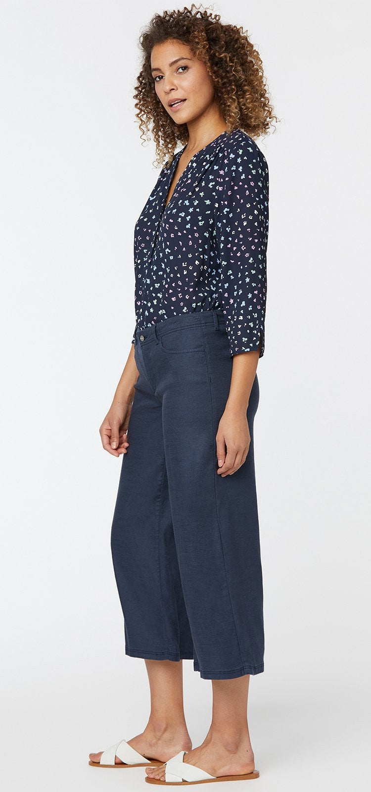 Wide Leg Crop Navy Stretch Linen | Oxford Navy | Pants | NYDJ