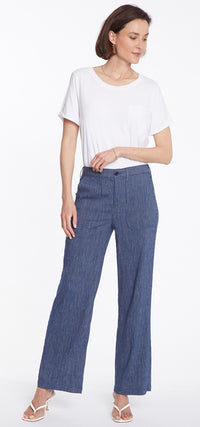 High Waisted Wide Leg Ankle Trouser Striped Stretch Linen | Agua Stripe | Pants | NYDJ