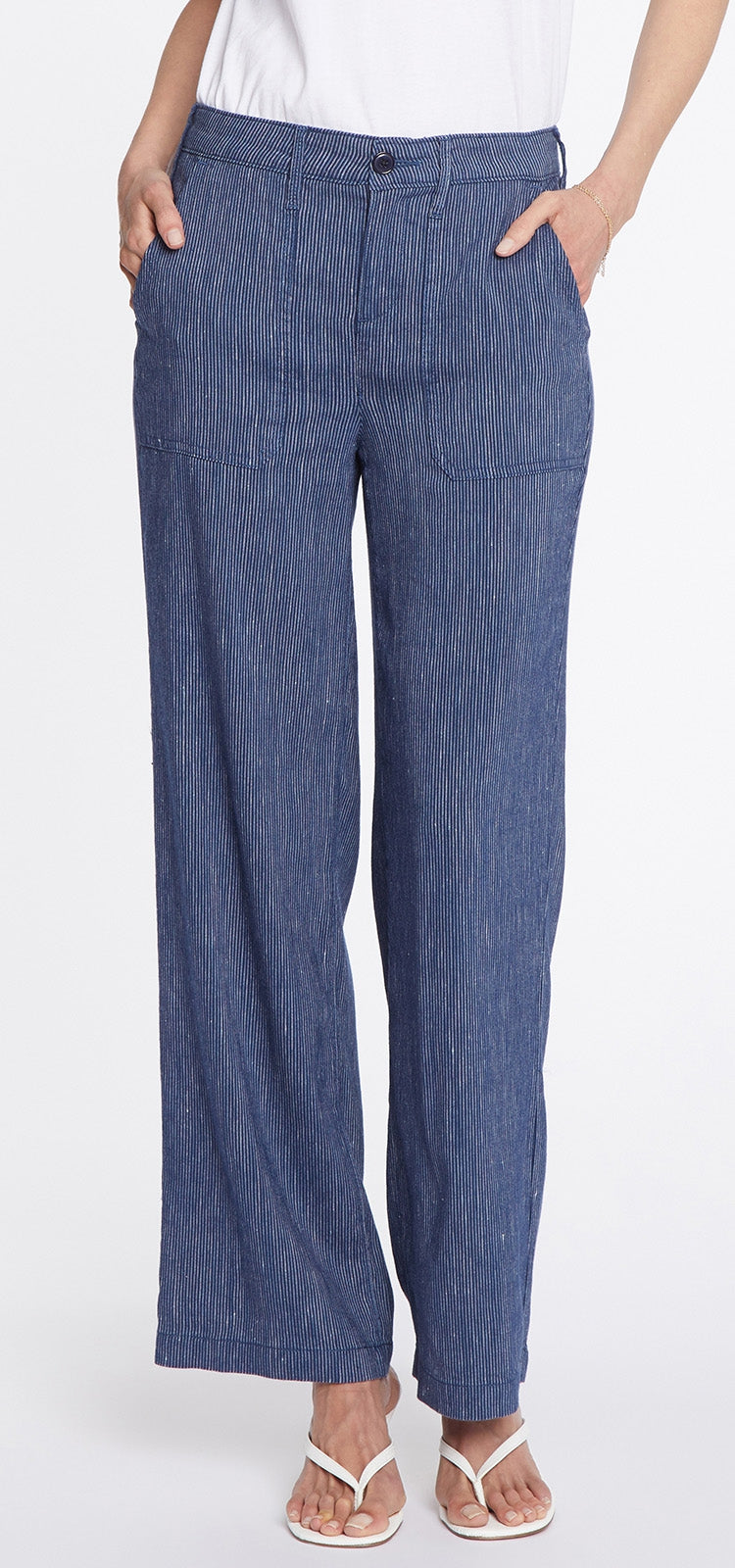 High Waisted Wide Leg Ankle Trouser Striped Stretch Linen | Agua Stripe | Pants | NYDJ